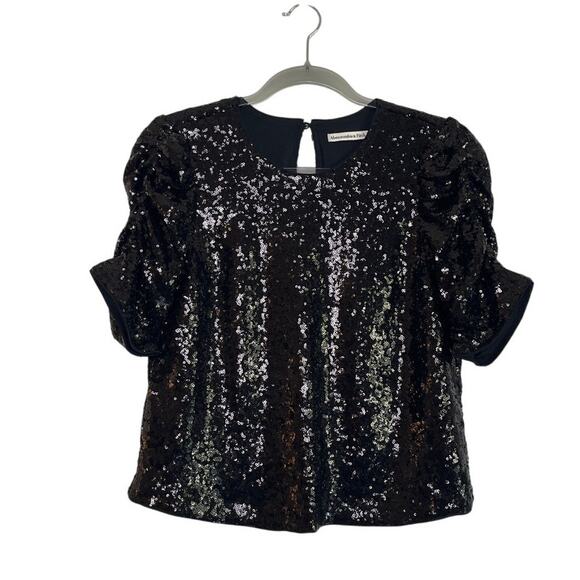 Abercrombie & Fitch Womens Black Full Sequin Puff Short Sleeve Blouse Size Small - Picture 1 of 8